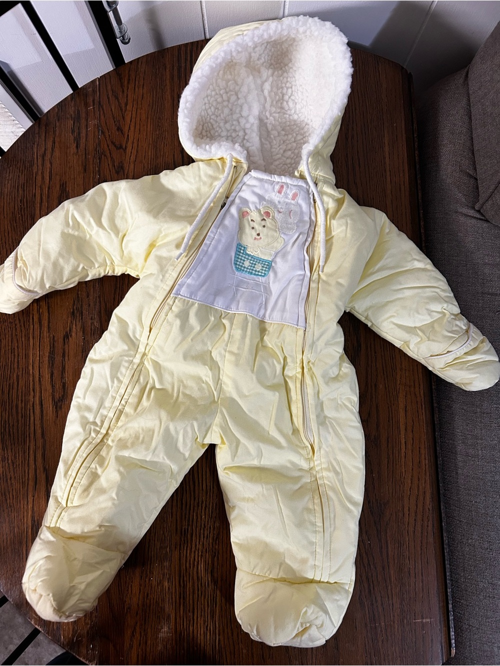 Vintage Baby Yellow Hooded One-Piece Bunting with Sherpa Lining